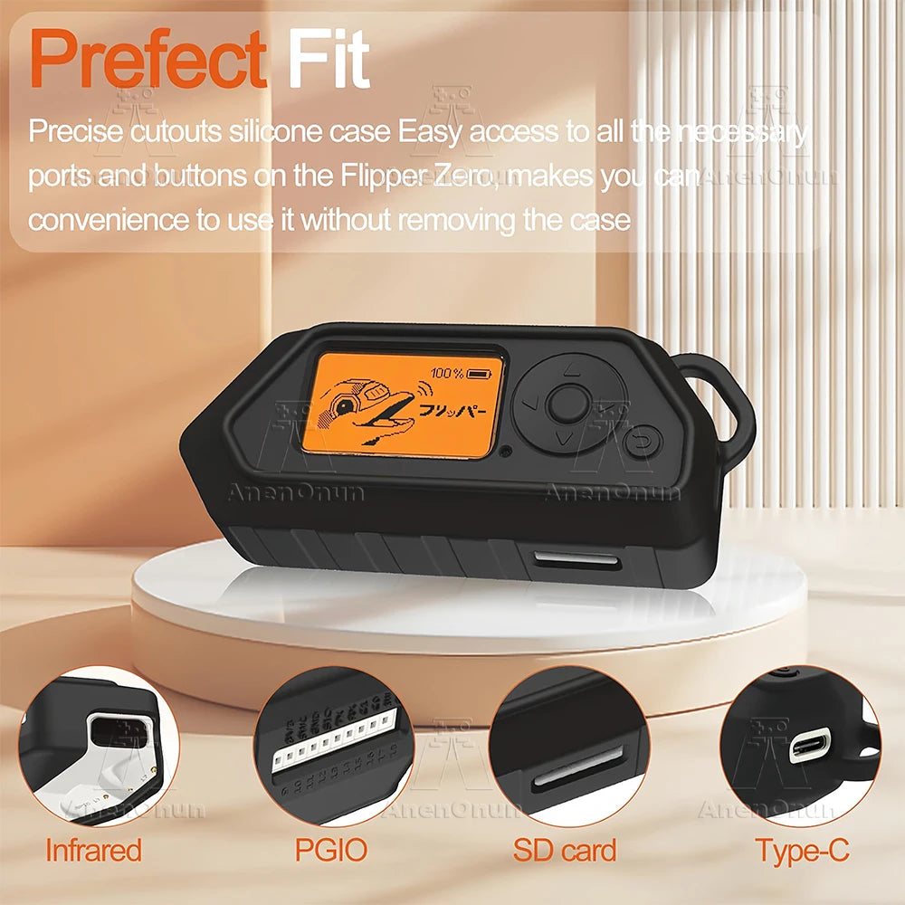 Flipper Zero Full Protective Case with Carabiner Anti-fall Anti-scratch Anti-slip Black Silicone Soft Shell Cover Accessories